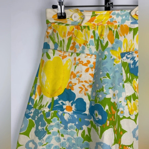 Vintage Blue‎ Yellow White Floral A-Line Wrap Skirt - Picture 4 of 8